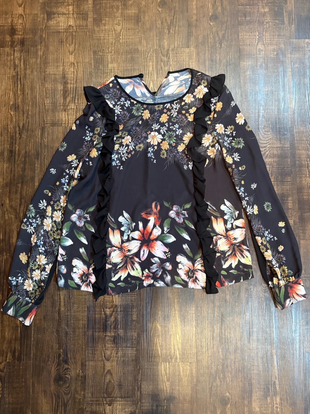 Clover Canyon Black Floral Ruffle-Trim Long Sleeve Top